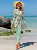  | SHEIN Swim Mulvari 2pcs/Set Women Tropical Plant & Flower Pattern Tight Casual Long Sleeve Beach Burkini Set | Burkini | Shein | OneHub