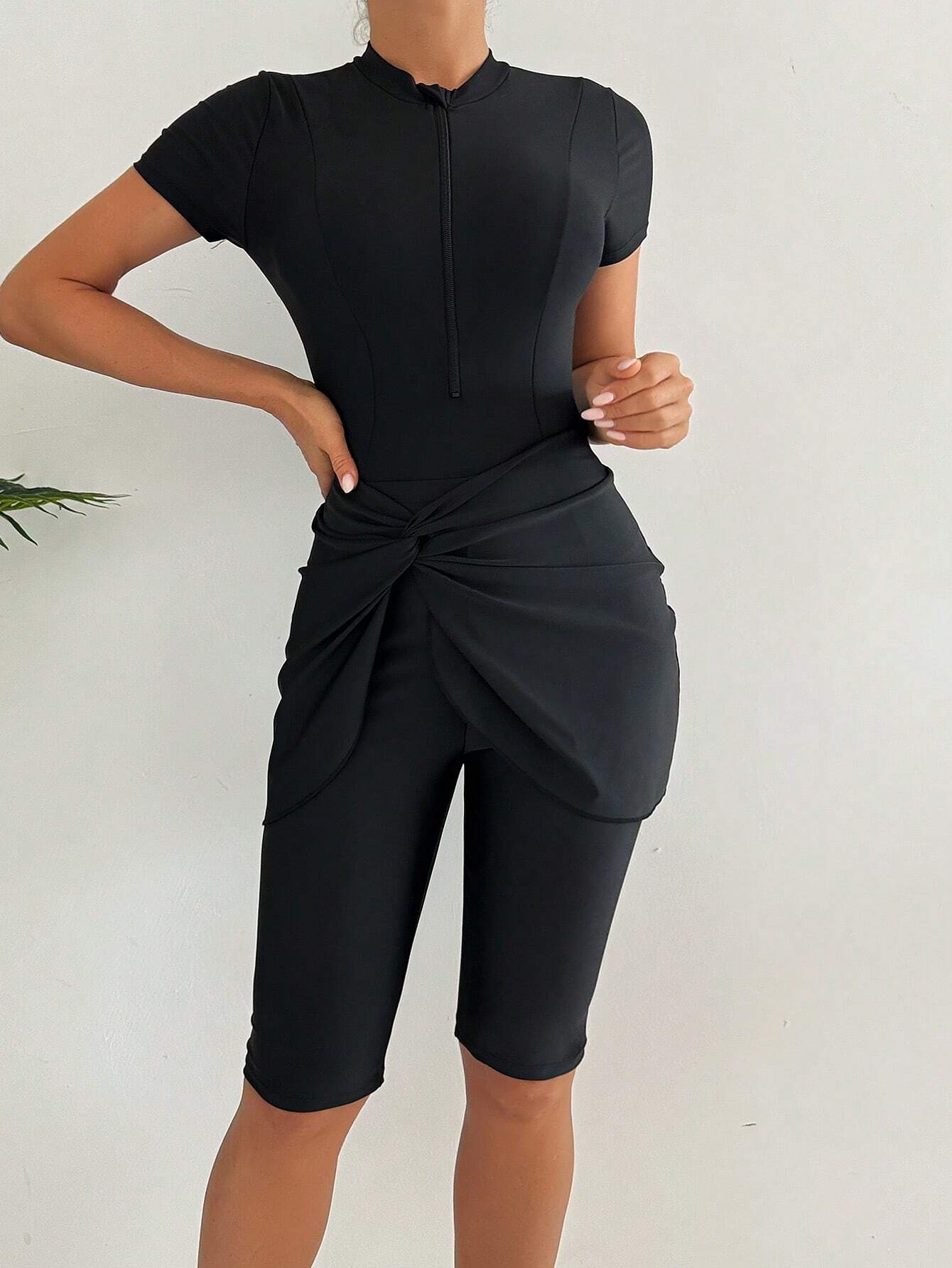  | SHEIN Swim Mulvari 3pcs/Set Women Solid Color Crew Neck Short Sleeve Zipper Burkini Top, Swim Shorts And Mini Skirt Swimsuit, Sports Surfwear SummerArabic Clothing | Lingerie | Shein | OneHub