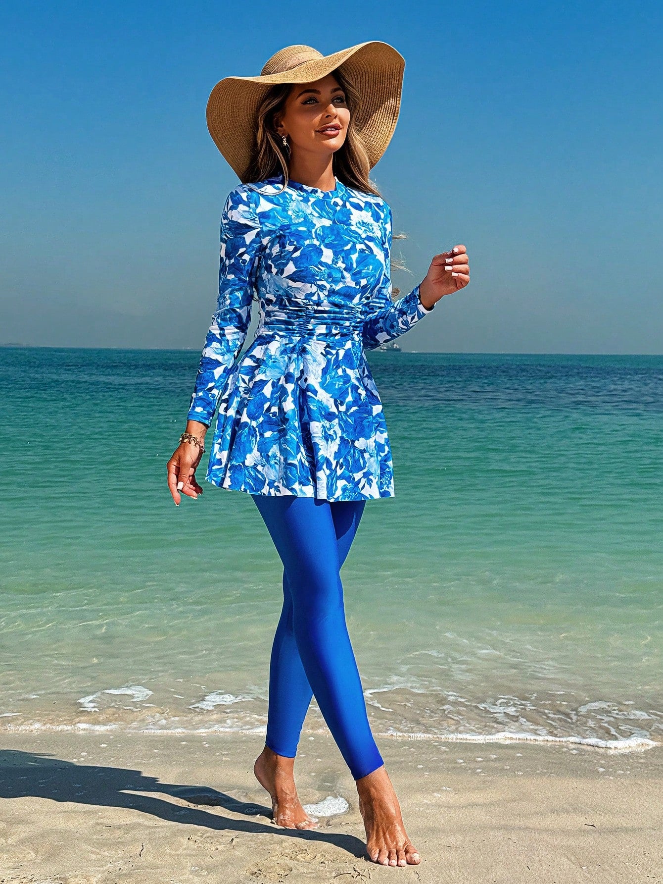  | SHEIN Swim Mulvari Two Pieces Floral Print Full Coverage Long Sleeve Maxi Top Plus Solid Color Pants Burkini Swimwear Set Women's Swimwear | Burkini | Shein | OneHub