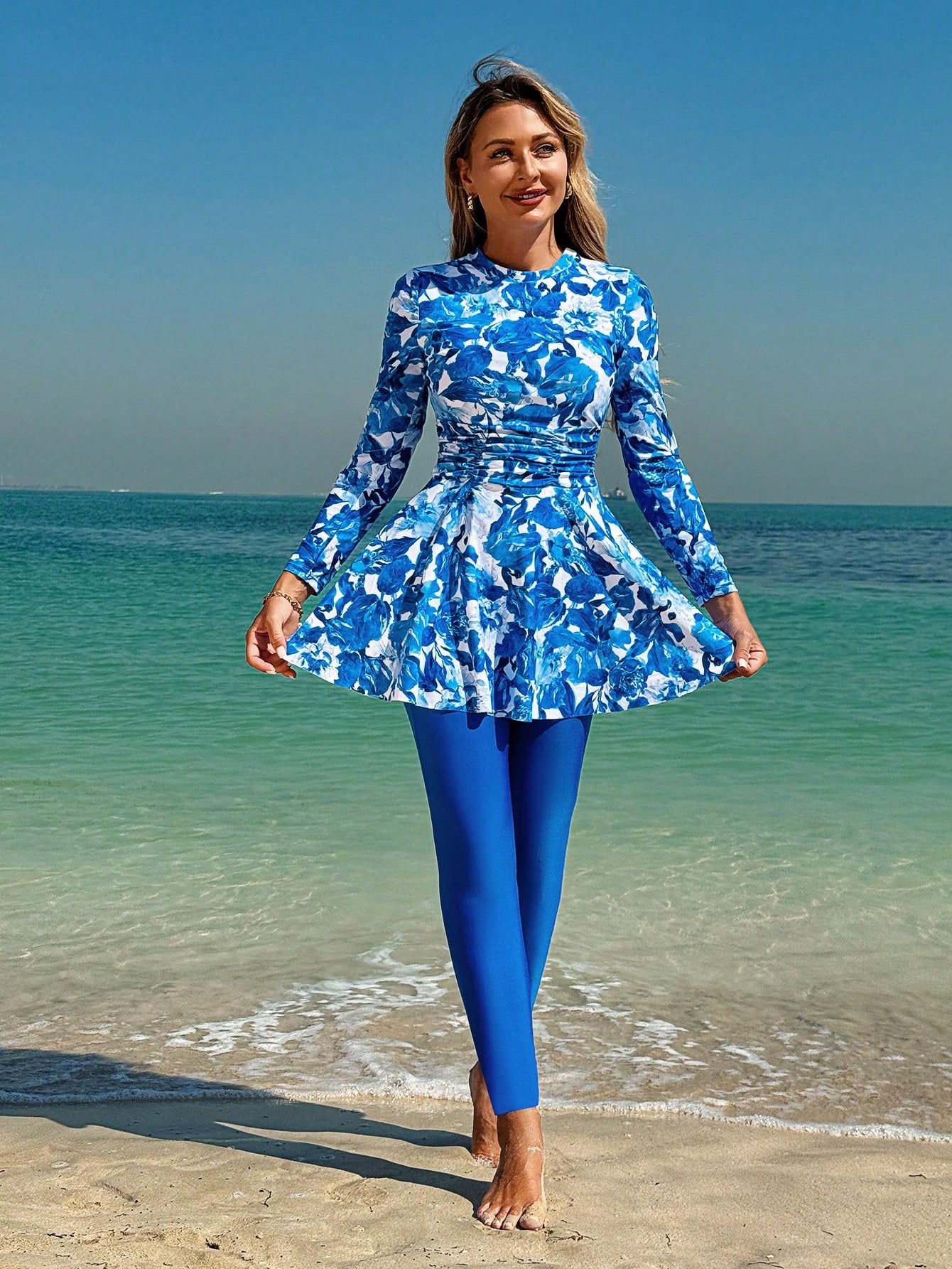  | SHEIN Swim Mulvari Two Pieces Floral Print Full Coverage Long Sleeve Maxi Top Plus Solid Color Pants Burkini Swimwear Set Women's Swimwear | Burkini | Shein | OneHub