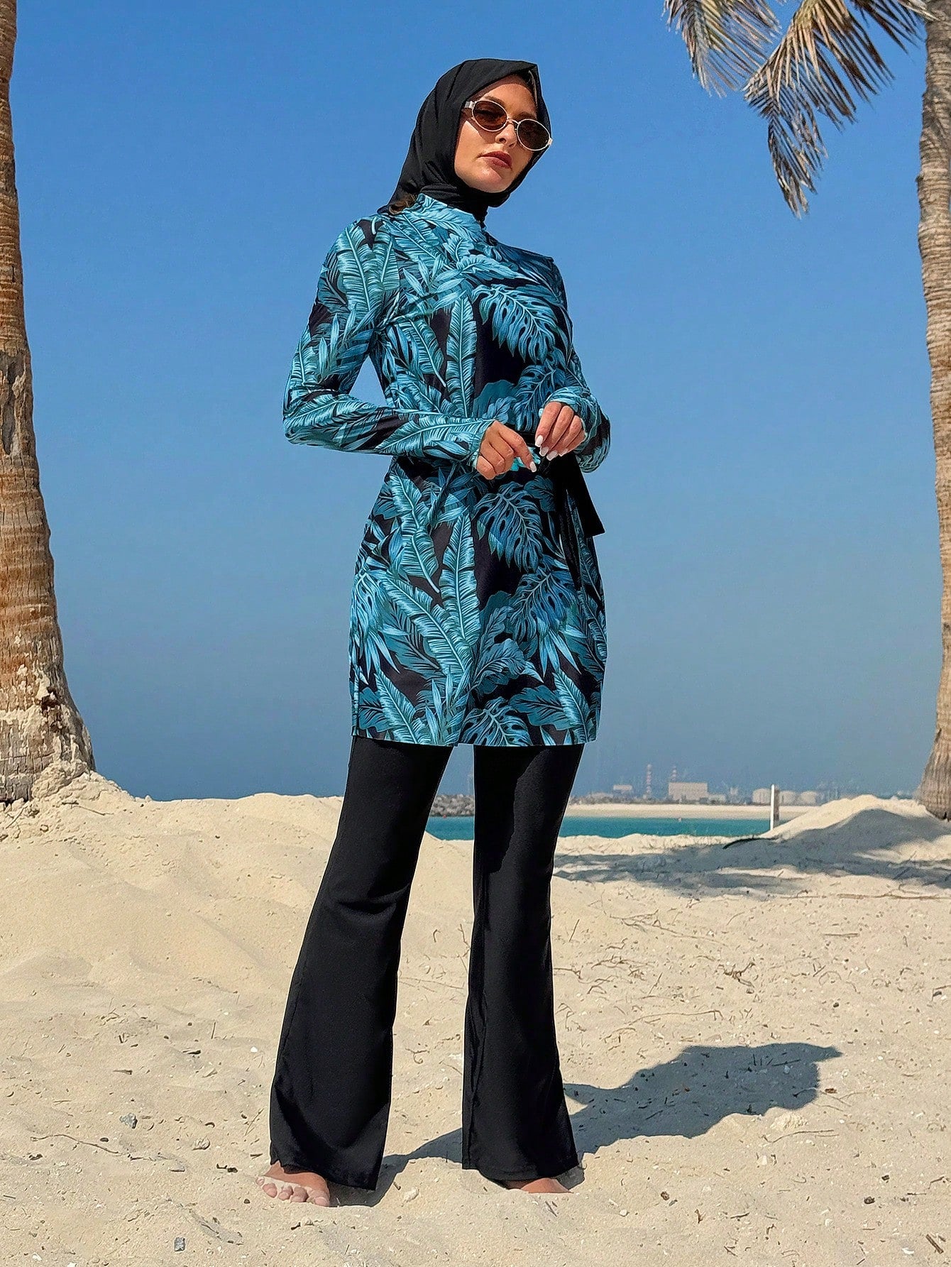  | SHEIN Swim Mulvari Women 3pcs/Set Random Leaf Print Modest Swimwear Set - Round Neck Long Sleeve Sun Protection Top, Waist Tie Swimsuit, And Headscarf For Summer Beach Vacation | Jumpsuit | Shein | OneHub