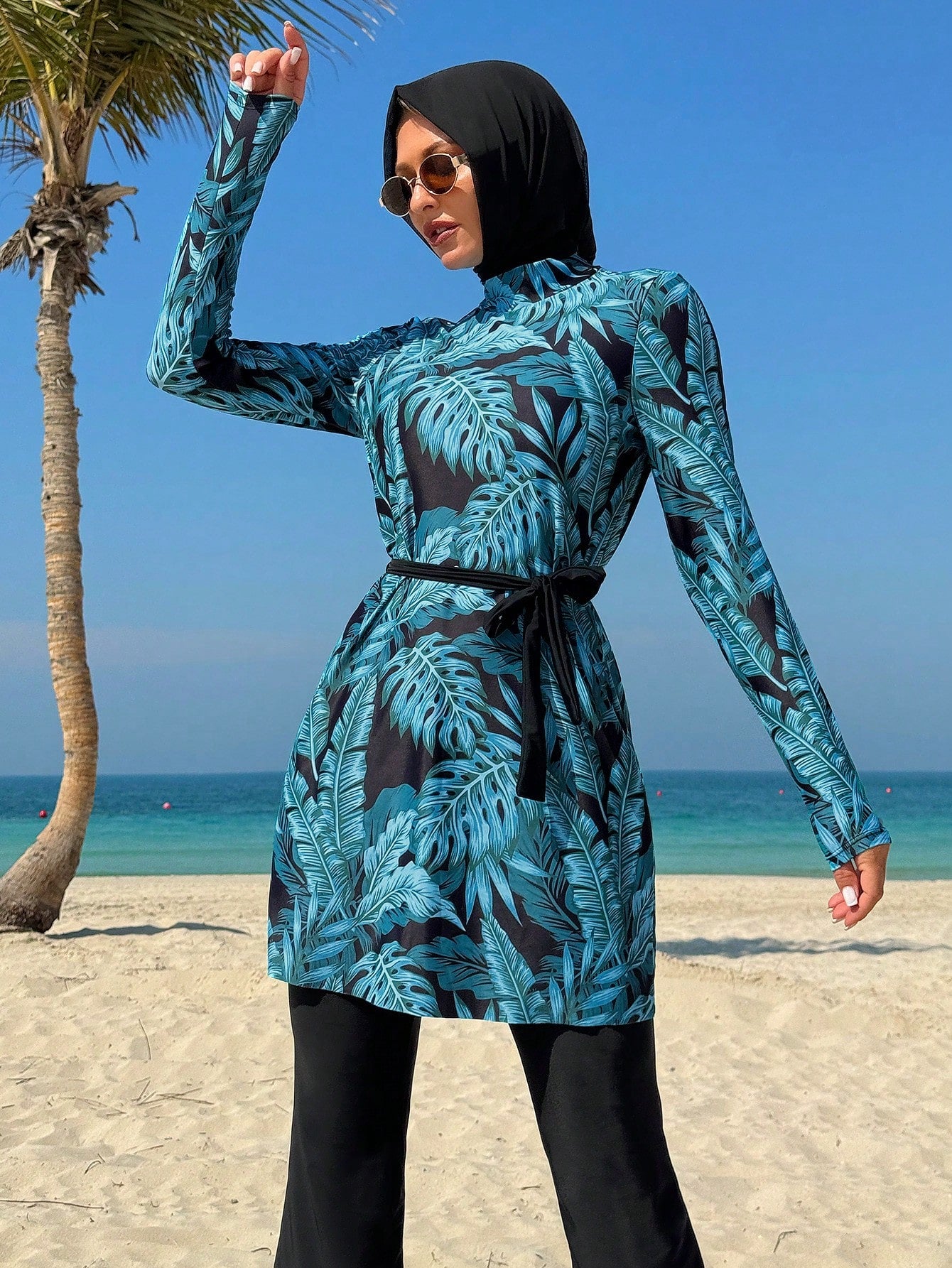  | SHEIN Swim Mulvari Women 3pcs/Set Random Leaf Print Modest Swimwear Set - Round Neck Long Sleeve Sun Protection Top, Waist Tie Swimsuit, And Headscarf For Summer Beach Vacation | Jumpsuit | Shein | OneHub