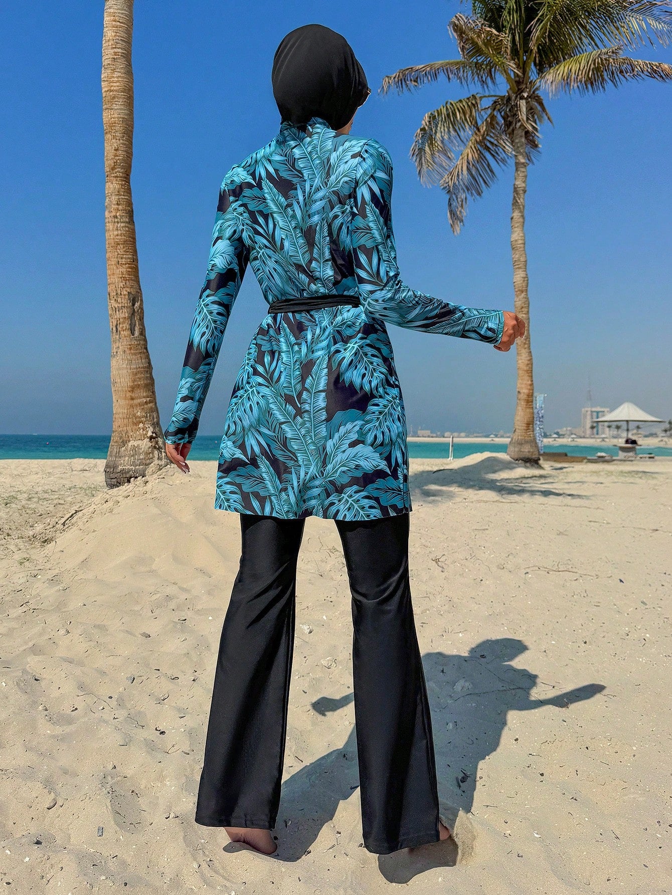  | SHEIN Swim Mulvari Women 3pcs/Set Random Leaf Print Modest Swimwear Set - Round Neck Long Sleeve Sun Protection Top, Waist Tie Swimsuit, And Headscarf For Summer Beach Vacation | Jumpsuit | Shein | OneHub