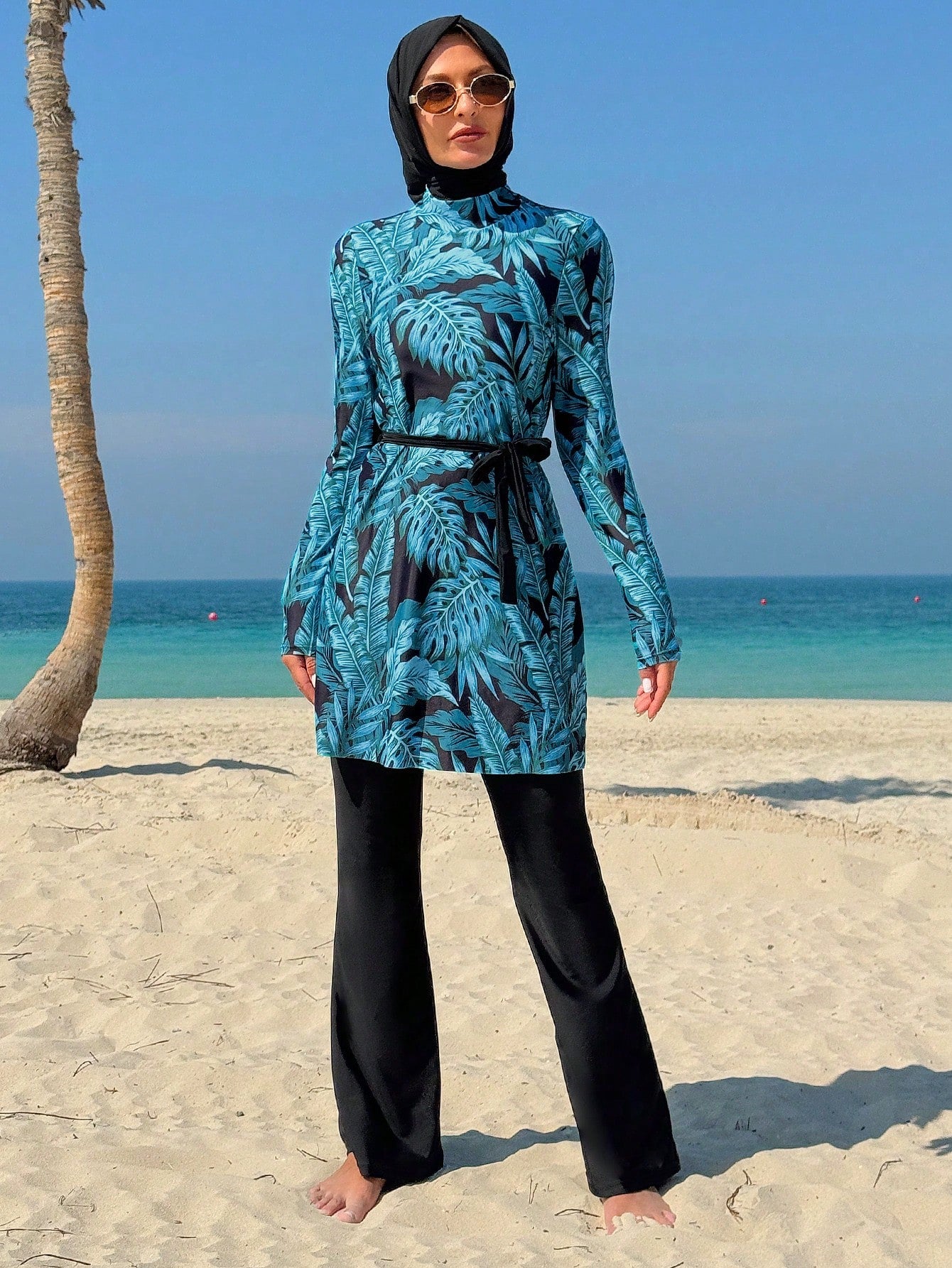  | SHEIN Swim Mulvari Women 3pcs/Set Random Leaf Print Modest Swimwear Set - Round Neck Long Sleeve Sun Protection Top, Waist Tie Swimsuit, And Headscarf For Summer Beach Vacation | Jumpsuit | Shein | OneHub