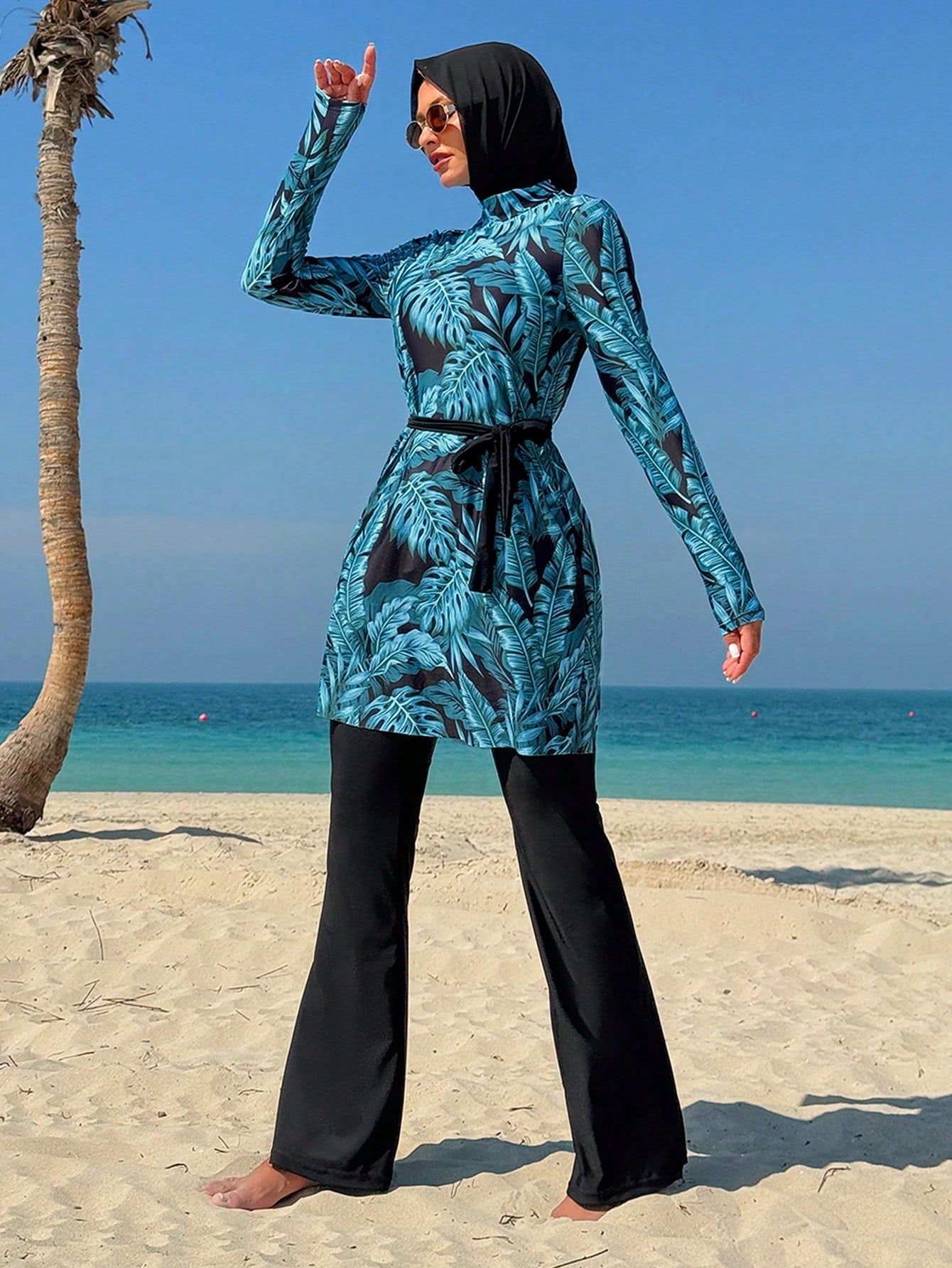  | SHEIN Swim Mulvari Women 3pcs/Set Random Leaf Print Modest Swimwear Set - Round Neck Long Sleeve Sun Protection Top, Waist Tie Swimsuit, And Headscarf For Summer Beach Vacation | Jumpsuit | Shein | OneHub