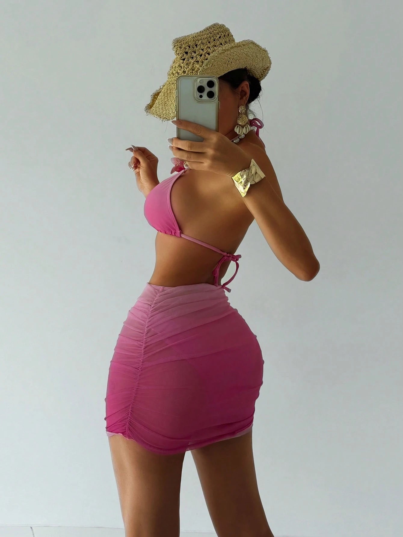  | SHEIN Swim SXY 3pcs Elegant, Sweet And Sexy Beach Gradient Halter Pink Bikini Set With Chiffon Skirt Swimwear, Beach Clothes Outfit For Summer Vacation, Ibiza Outfit | Lingerie | Shein | OneHub
