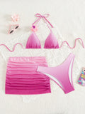  | SHEIN Swim SXY 3pcs Elegant, Sweet And Sexy Beach Gradient Halter Pink Bikini Set With Chiffon Skirt Swimwear, Beach Clothes Outfit For Summer Vacation, Ibiza Outfit | Lingerie | Shein | OneHub