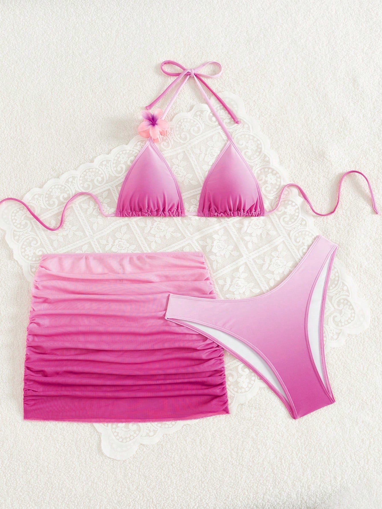  | SHEIN Swim SXY 3pcs Elegant, Sweet And Sexy Beach Gradient Halter Pink Bikini Set With Chiffon Skirt Swimwear, Beach Clothes Outfit For Summer Vacation, Ibiza Outfit | Lingerie | Shein | OneHub