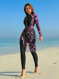  | SHEIN Swim Shayni Women's Summer Beach All-Over Print Zip-Up Long Sleeve One-Piece Swimsuit With Knot Ruched Skirt Burkini Set | Burkini | Shein | OneHub