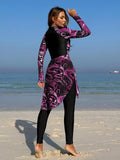 | SHEIN Swim Shayni Women's Summer Beach All-Over Print Zip-Up Long Sleeve One-Piece Swimsuit With Knot Ruched Skirt Burkini Set | Burkini | Shein | OneHub