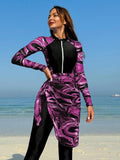  | SHEIN Swim Shayni Women's Summer Beach All-Over Print Zip-Up Long Sleeve One-Piece Swimsuit With Knot Ruched Skirt Burkini Set | Burkini | Shein | OneHub