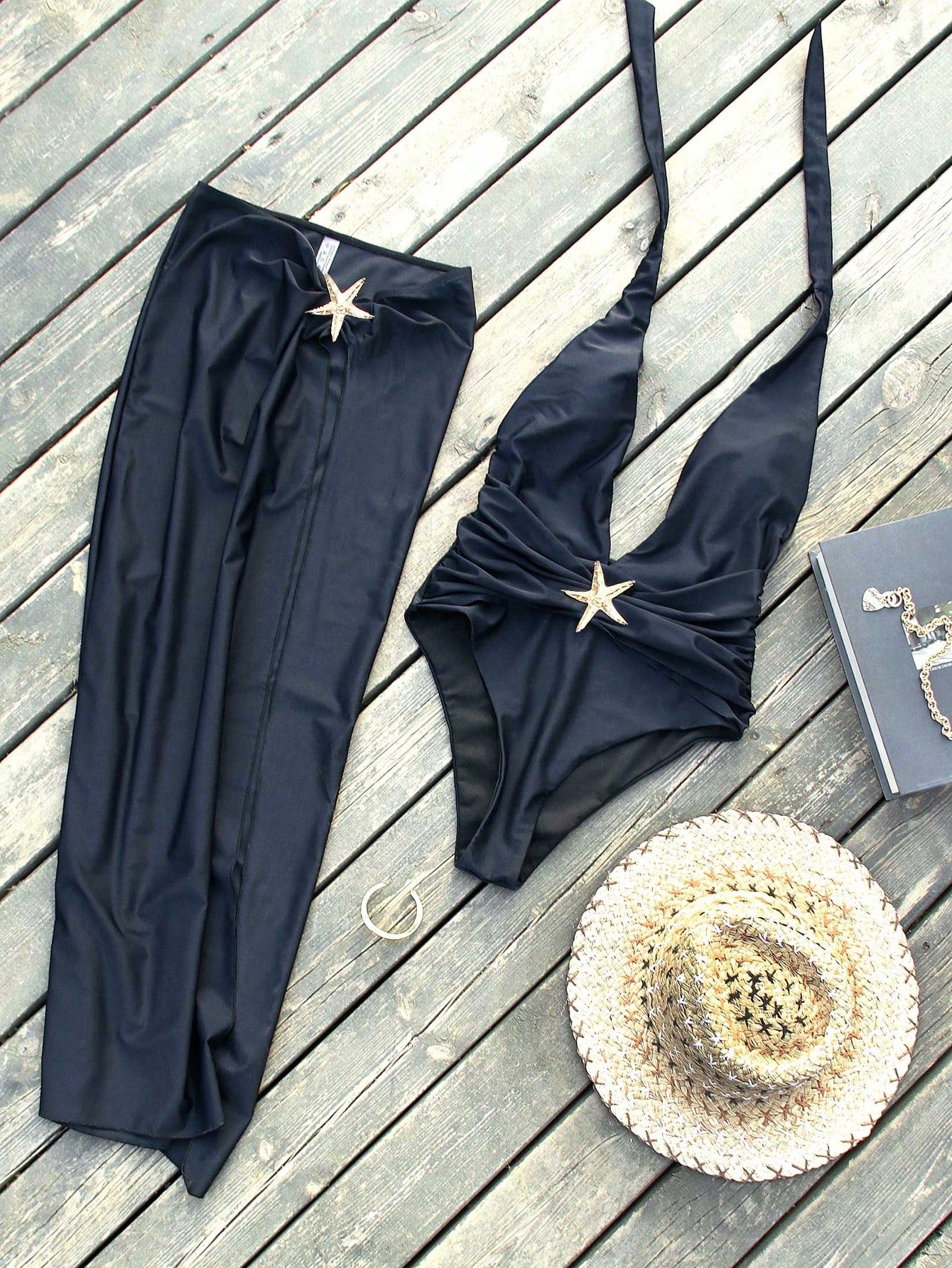  | SHEIN Swim Summer Beach 2 Packs Starfish One Piece Swimsuit & Bustle High Split Long Skirt 2 Pcs Set | Lingerie | Shein | OneHub