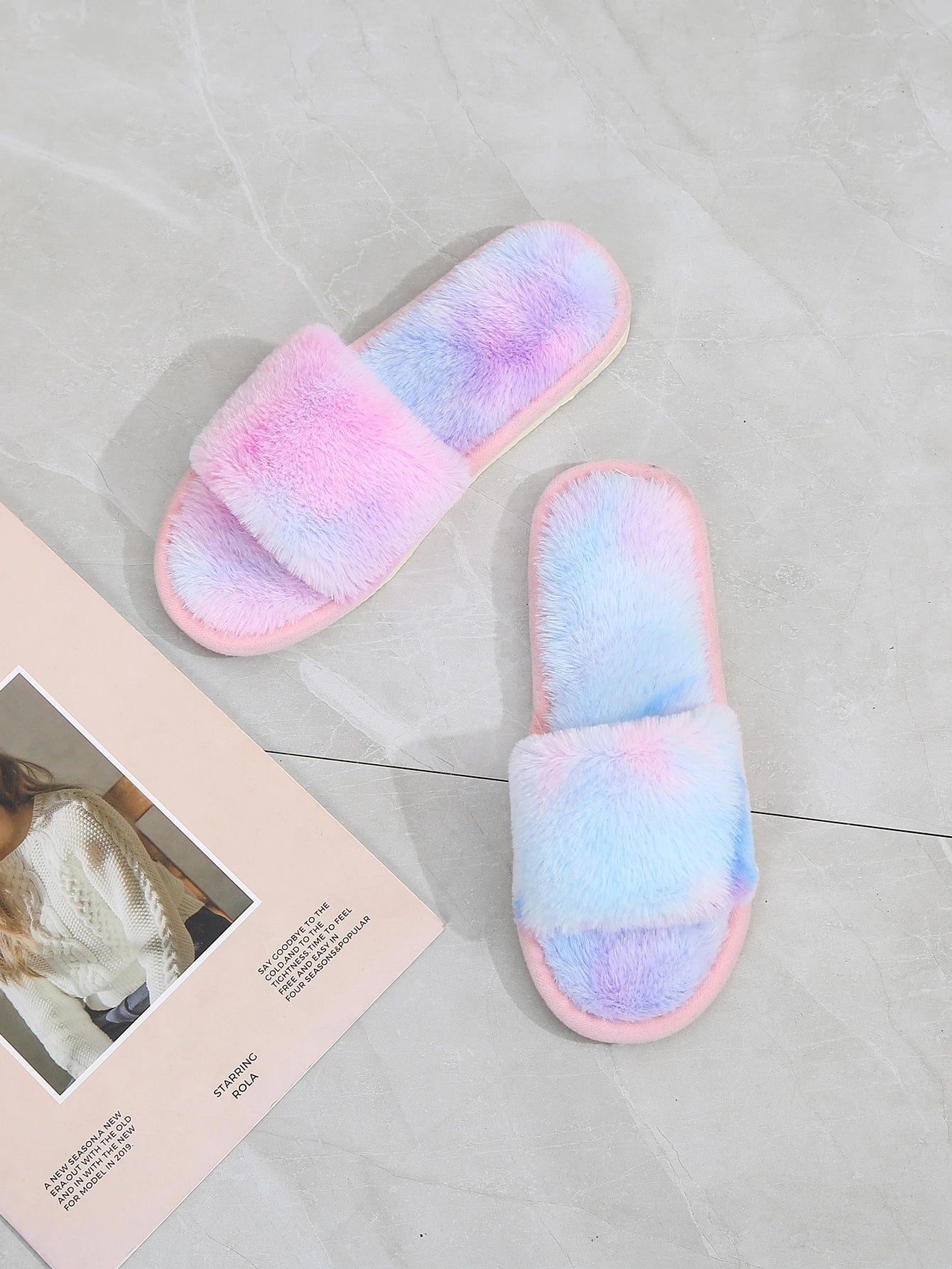 SHEIN Tie Dye Fluffy Bedroom Slippers,Winter Slippers Women's Home Indoor Non-Slip Warm Long Plush Soft Slippers.