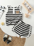  | SHEIN Toddler Boys' Black And White Striped Bear Embroidered Sleeveless Top With Shorts, Casual 2pcs Home Outfit | Dress | Shein | OneHub