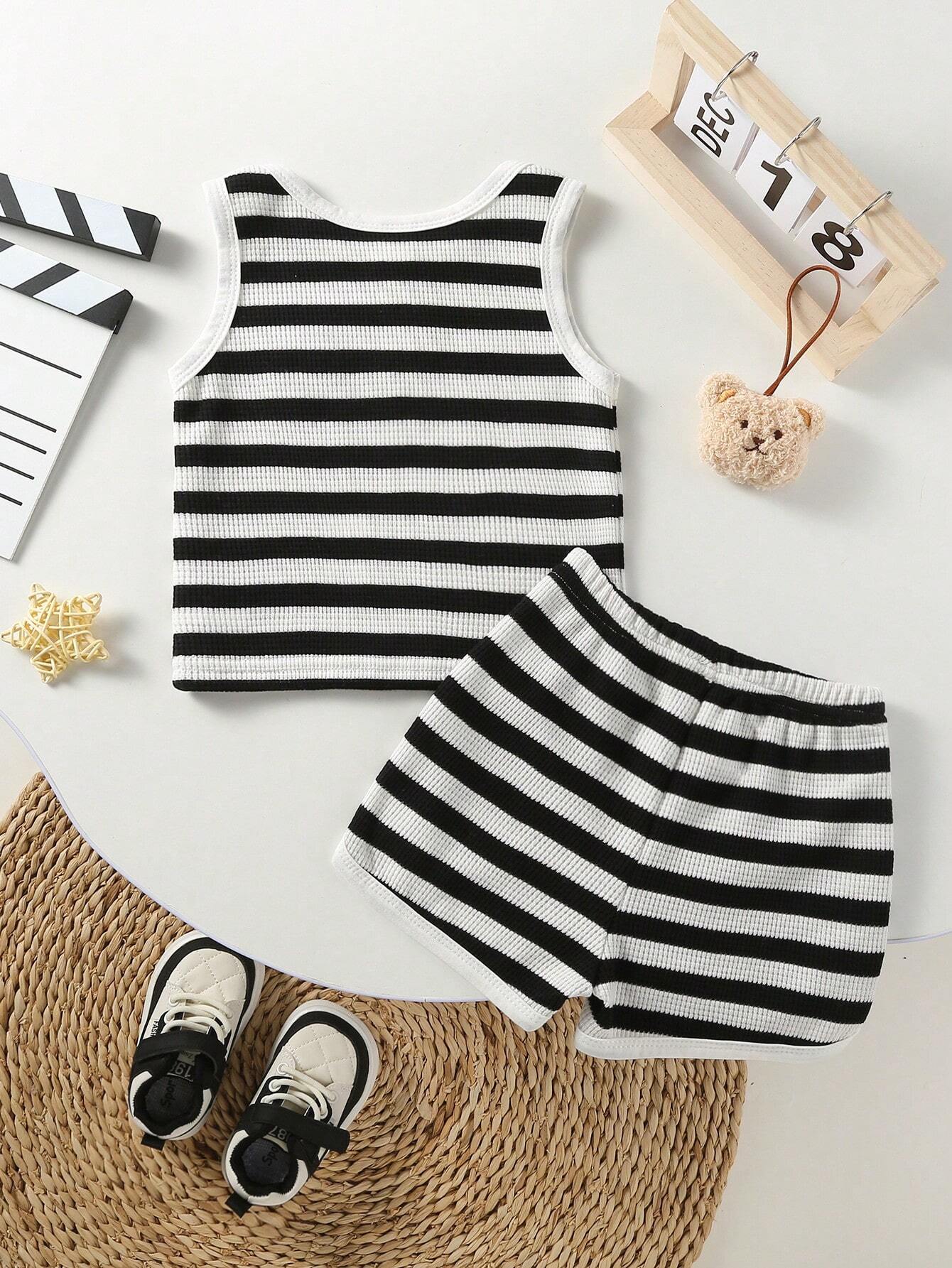  | SHEIN Toddler Boys' Black And White Striped Bear Embroidered Sleeveless Top With Shorts, Casual 2pcs Home Outfit | Dress | Shein | OneHub