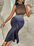 SHEIN VaVaBold Ombre Mock Neck Bodycon Dress Maxi Women Outfit