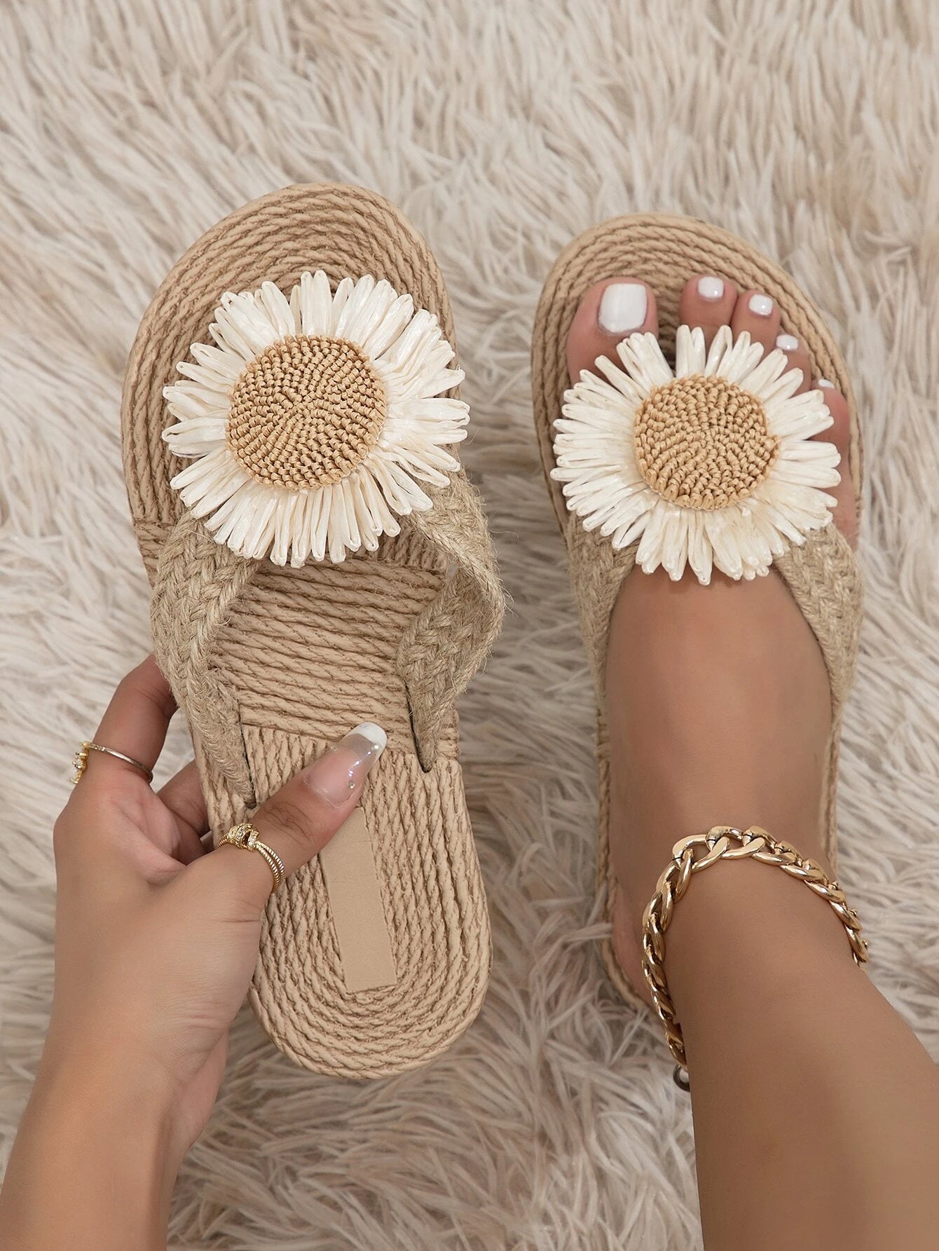  | SHEIN Vacation Khaki Slippers For Women, Linen Flower Decor Flip Flops | Sandal | Shein | OneHub