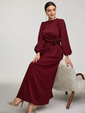 SHEIN Veilorie Burgundy Red Women's Solid Color Round Neck Long Sleeve 3D Floral Decor Casual Long Modest Dress Maroon Dress Elegant