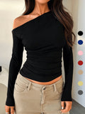 SHEIN Women Solid Color Asymmetrical Neck Slim Fit Long Sleeve Blouse