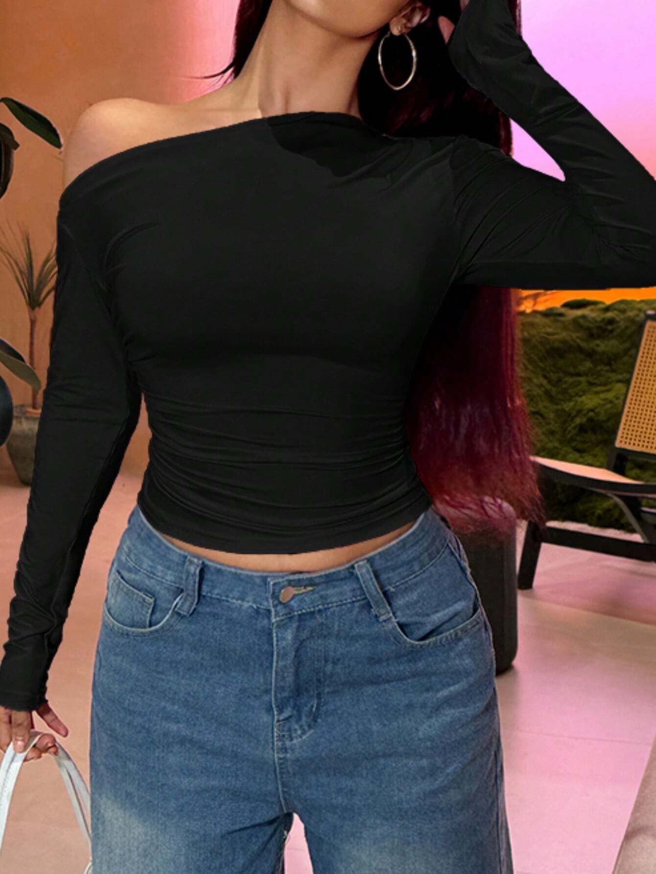  | SHEIN Women Solid Color Asymmetrical Neck Slim Fit Long Sleeve Blouse | Top | Shein | OneHub