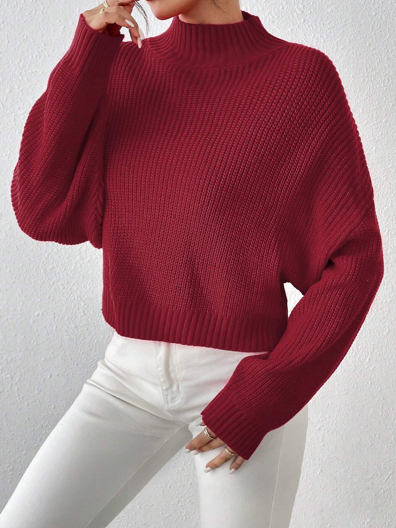 SHEIN Women's Basic Cute Short Sweater, Casual Lightweight Comfortable Ribbed Knit Cropped Pullover, Long Sleeve Sweater, Crop Top, Anchor Pattern Red