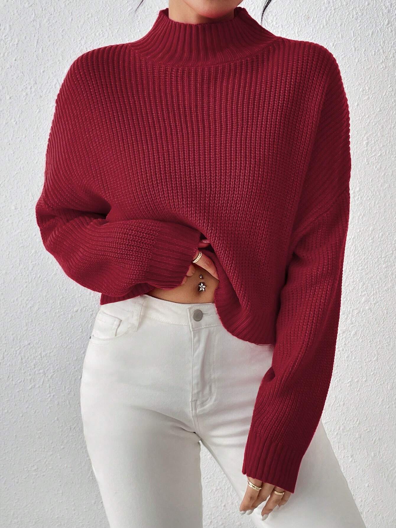 SHEIN Women's Basic Cute Short Sweater, Casual Lightweight Comfortable Ribbed Knit Cropped Pullover, Long Sleeve Sweater, Crop Top, Anchor Pattern Red