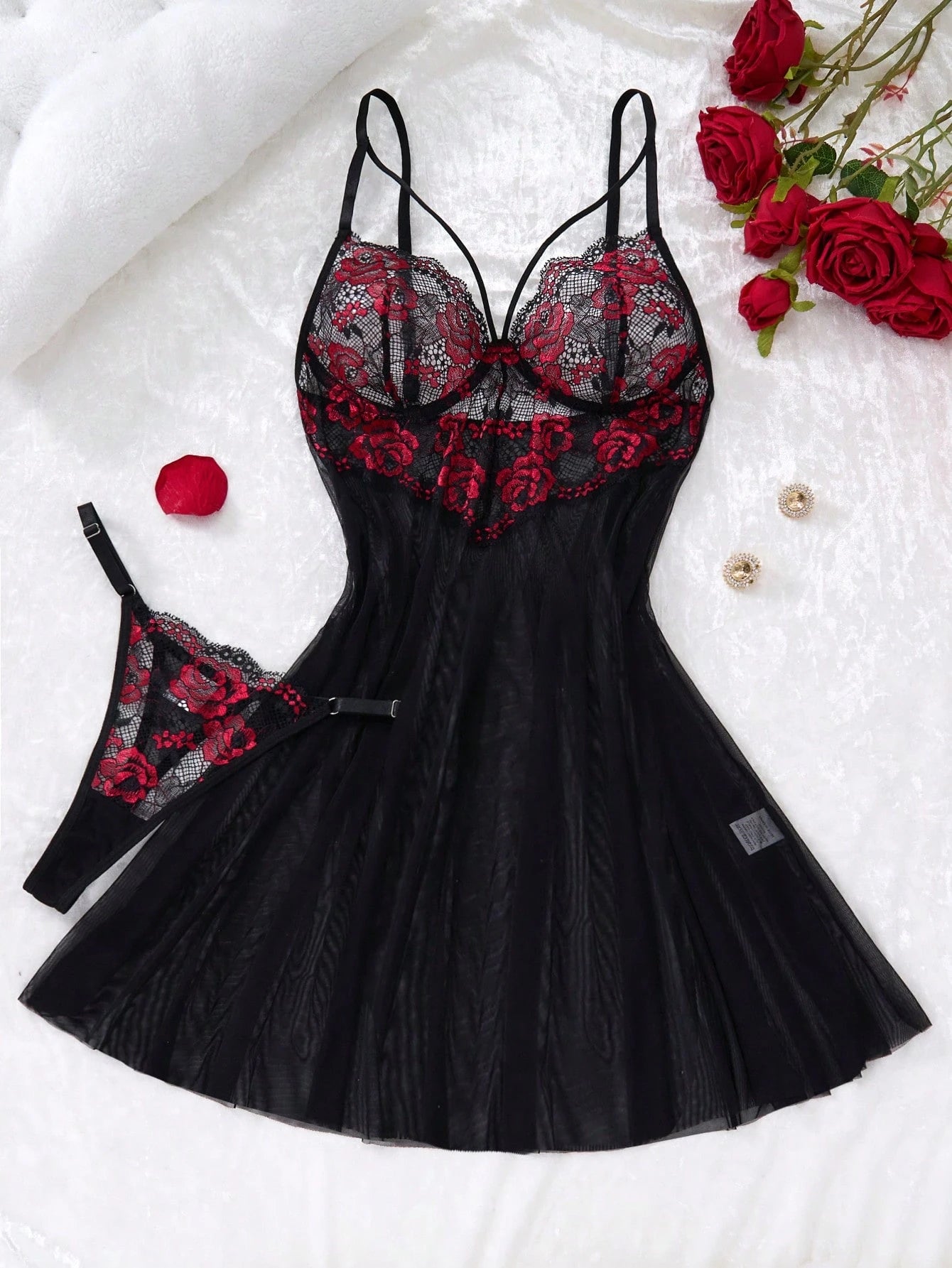 SHEIN Women's Black And Red Rose Gothic Style Contrast Lace Sexy Short Lingerie Dress & Thong, Going Out