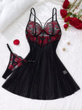 SHEIN Women's Black And Red Rose Gothic Style Contrast Lace Sexy Short Lingerie Dress & Thong, Going Out