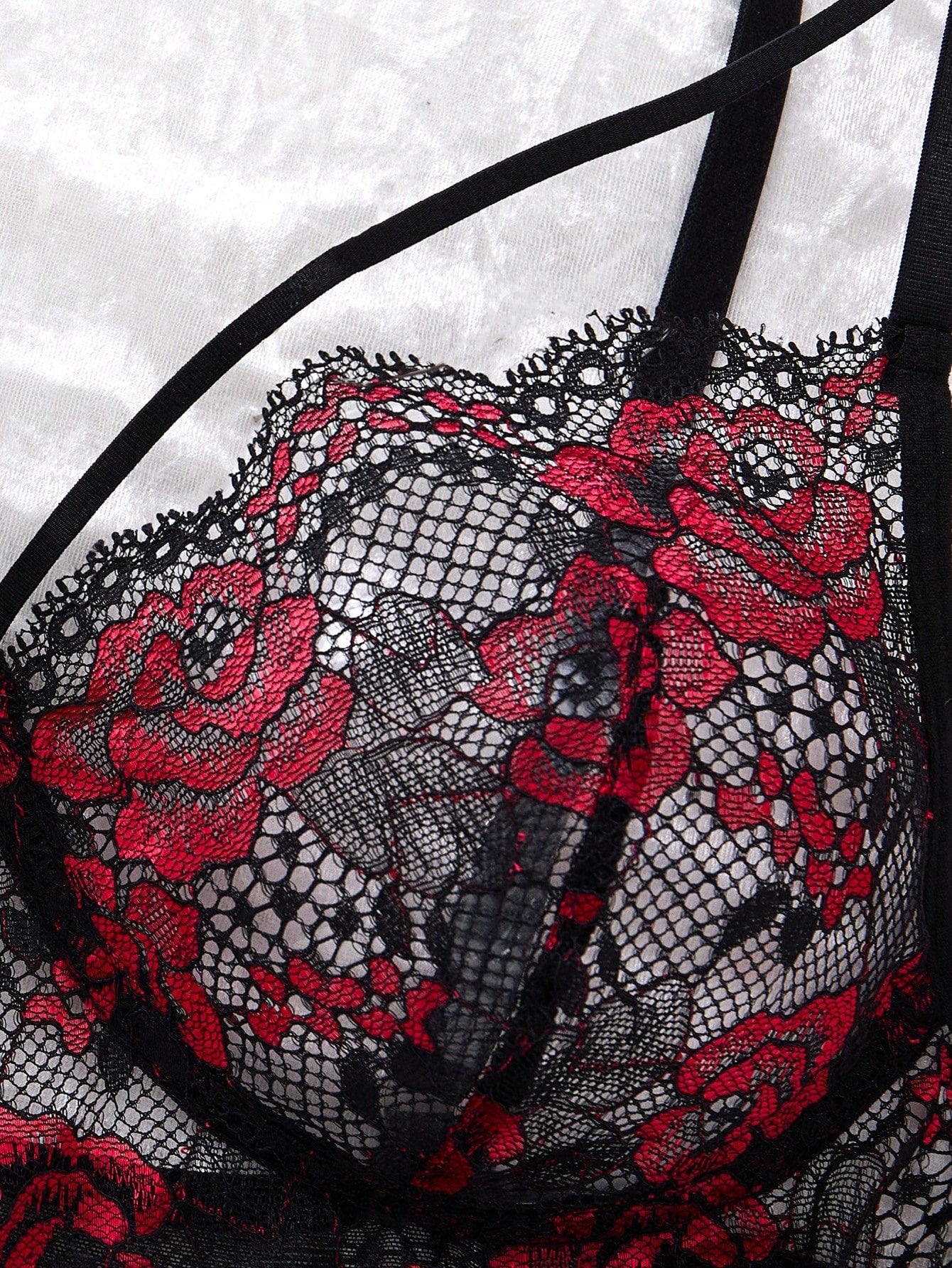 SHEIN Women's Black And Red Rose Gothic Style Contrast Lace Sexy Short Lingerie Dress & Thong, Going Out