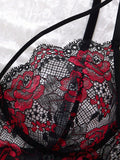 SHEIN Women's Black And Red Rose Gothic Style Contrast Lace Sexy Short Lingerie Dress & Thong, Going Out