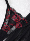 SHEIN Women's Black And Red Rose Gothic Style Contrast Lace Sexy Short Lingerie Dress & Thong, Going Out