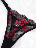 SHEIN Women's Black And Red Rose Gothic Style Contrast Lace Sexy Short Lingerie Dress & Thong, Going Out