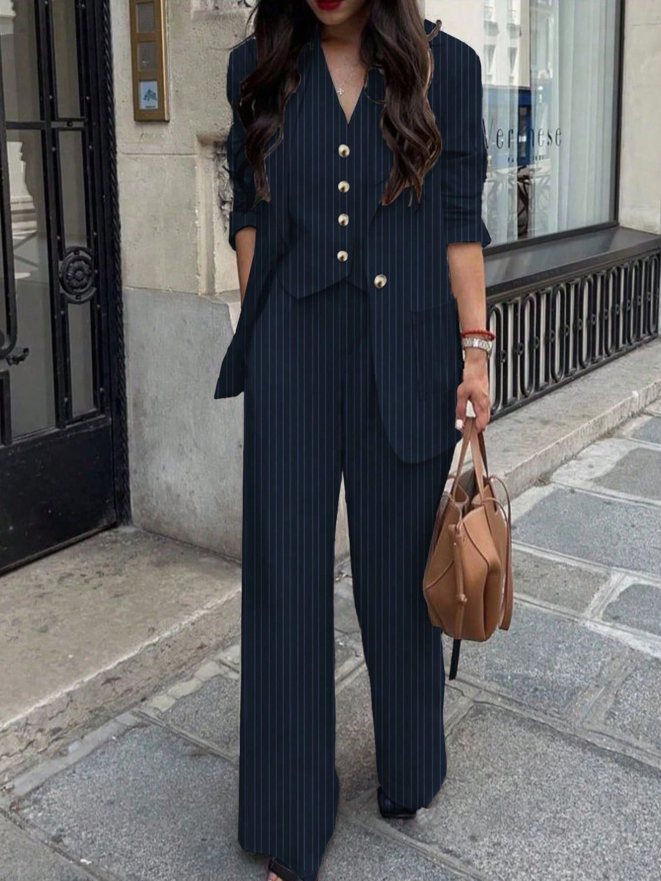 SHEIN Women's Casual Commuter Striped Jacket, Pants, Vest 3-Piece Suit Set