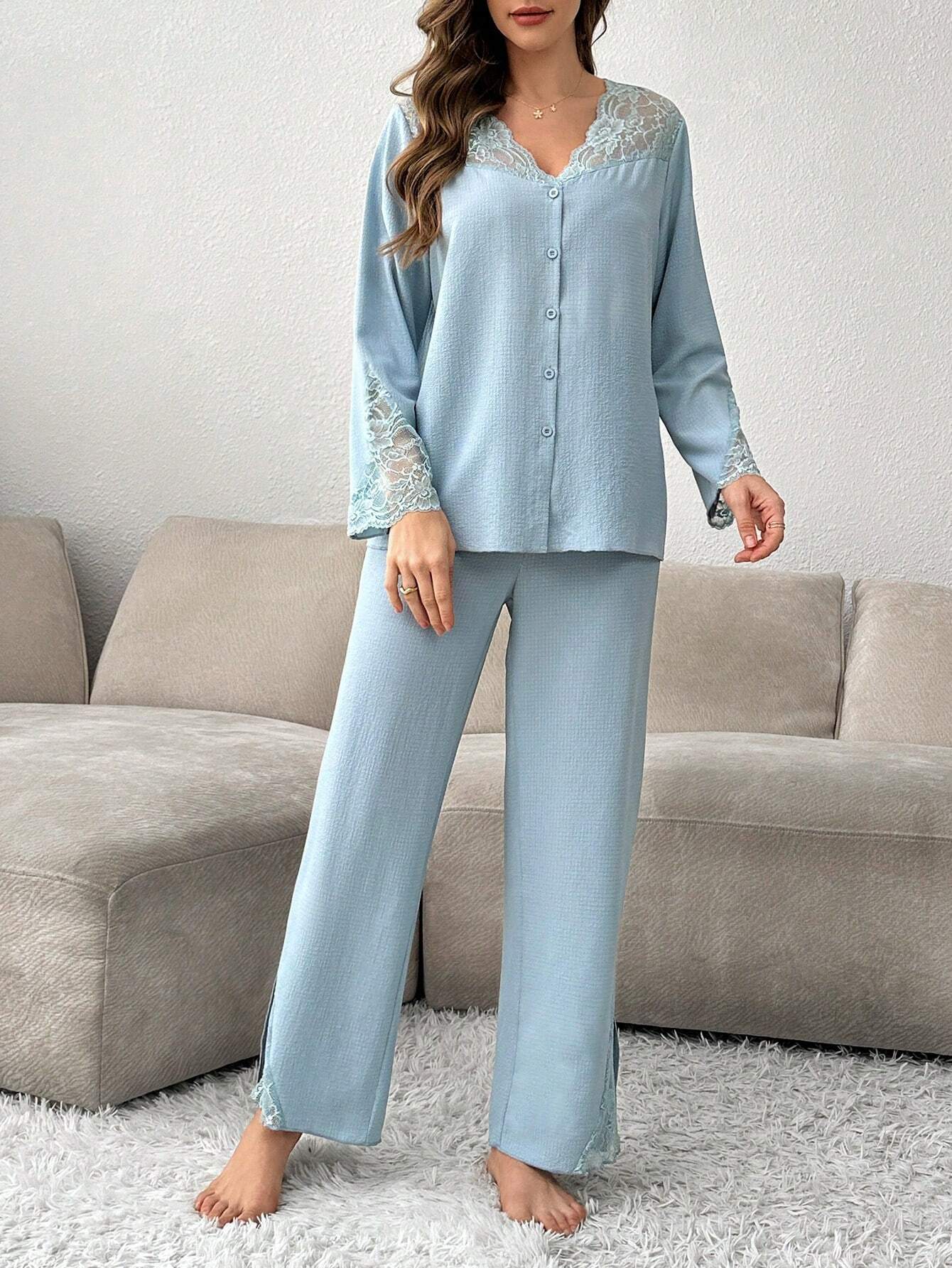  | SHEIN Women's Contrast Lace Cardigan And Pajama Set | PJ Set | Shein | OneHub