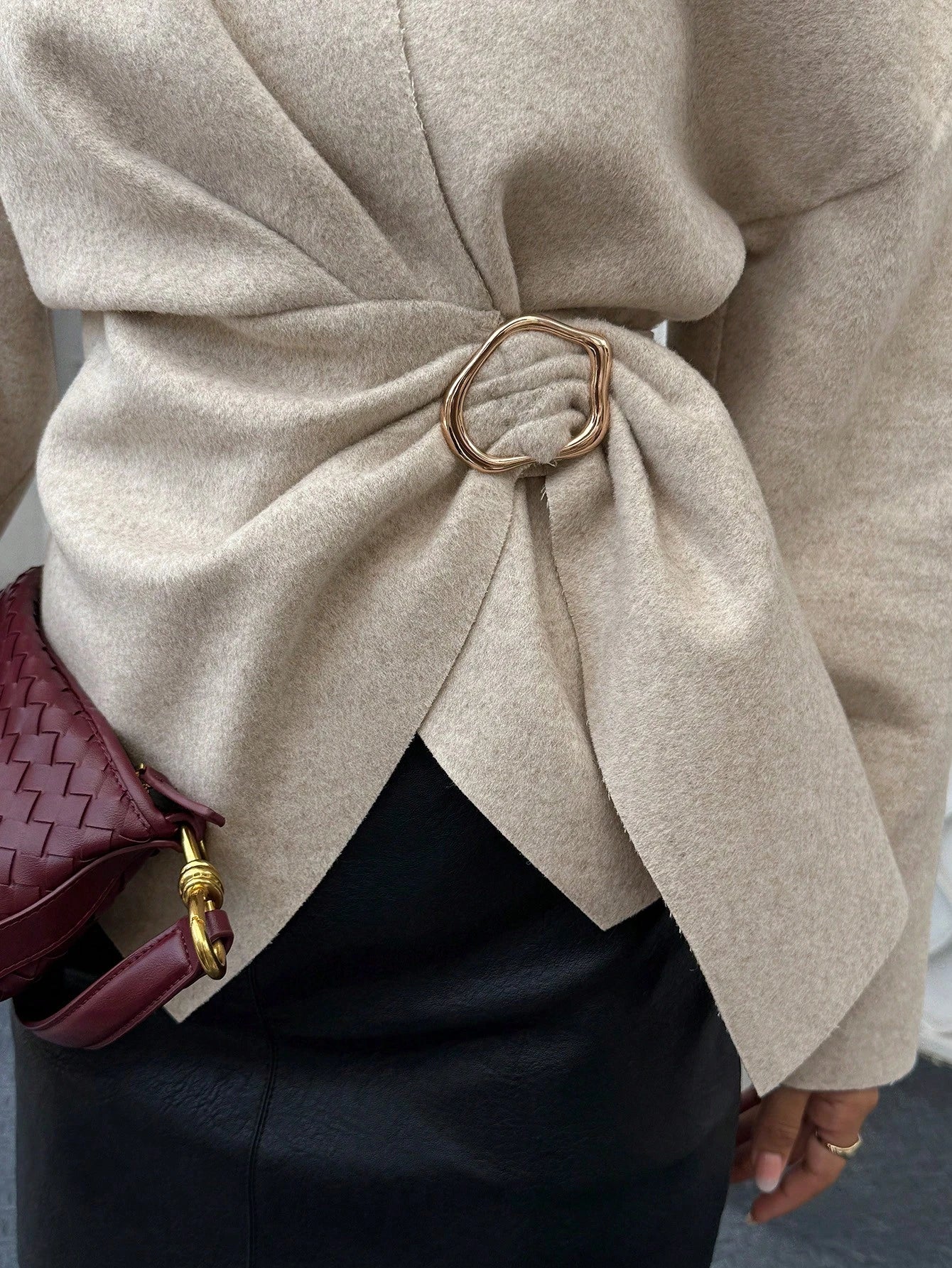 SHEIN Women's Drop Shoulder Long Sleeve Metal Buckle Wrap Waist Woolen Coat