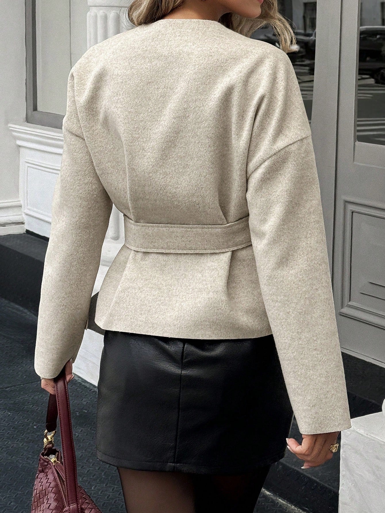 SHEIN Women's Drop Shoulder Long Sleeve Metal Buckle Wrap Waist Woolen Coat