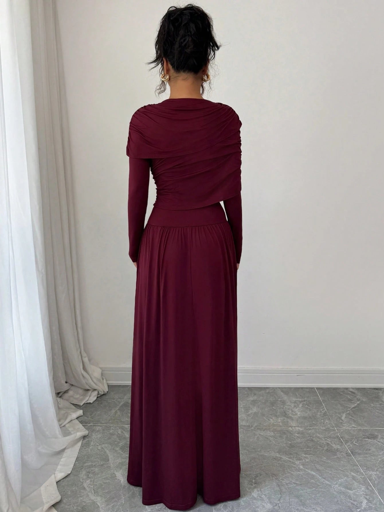 SHEIN Women's Elegant Long Sleeve Ruched Low Waist Fitted A-Line Dress