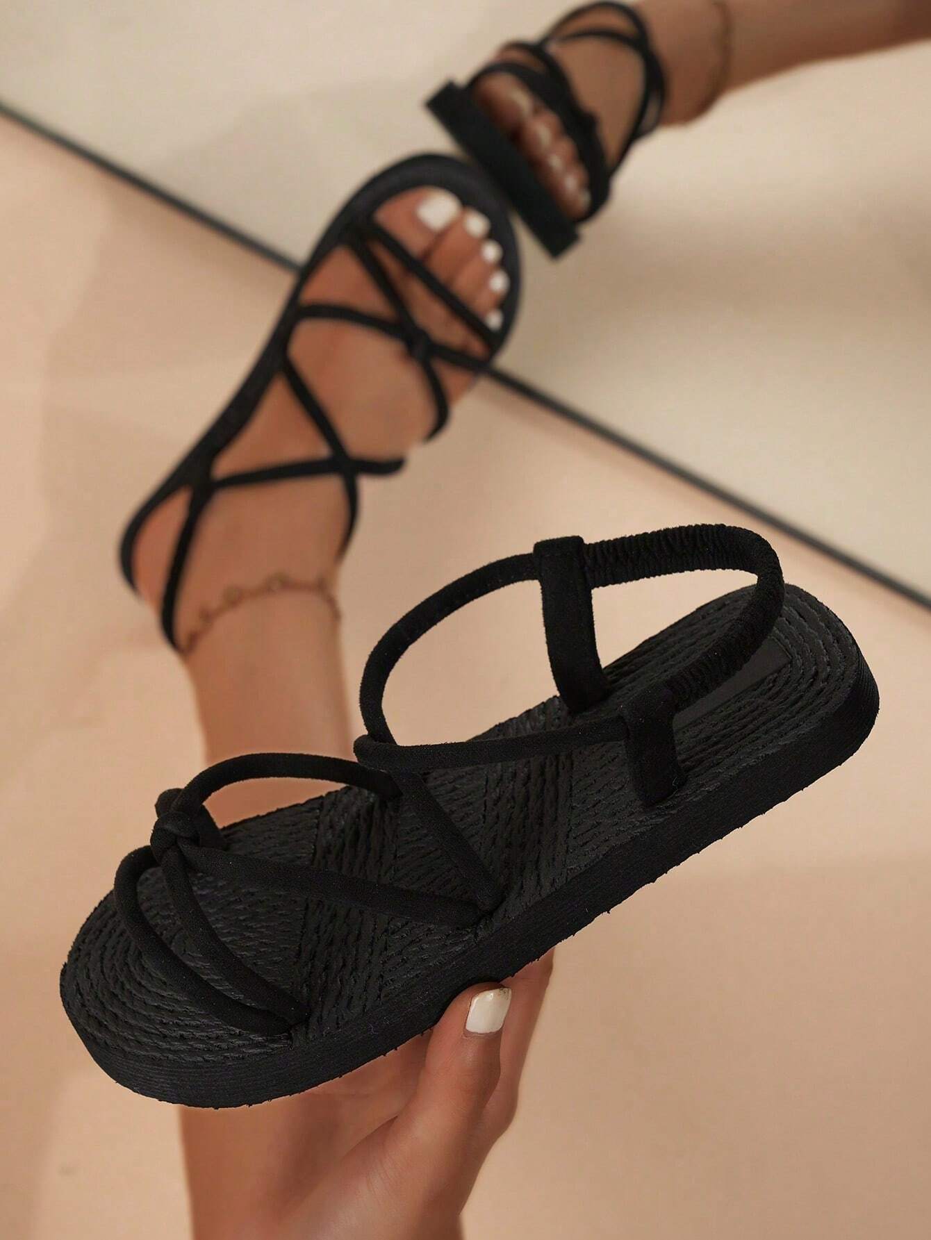  | SHEIN Women's Flat Sandals, Black Satin Cross Strappy Sandals With Suede-Like Rope Decoration, Simple Casual Style Perfect For Summer, Open Toe, Braided Soles, Vacation Style | Sandal | Shein | OneHub