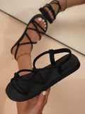  | SHEIN Women's Flat Sandals, Black Satin Cross Strappy Sandals With Suede-Like Rope Decoration, Simple Casual Style Perfect For Summer, Open Toe, Braided Soles, Vacation Style | Sandal | Shein | OneHub