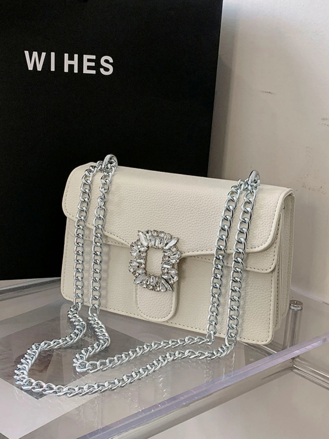  | SHEIN Women's One Shoulder Bag, White Small Square Bag With Rhinestone Lock Y2K Bowknot Crossbody Bag Trendy Chain Shoulder Bag Women Square Purse For Every Day, Perfect For Music Festival | Bags | Shein | OneHub