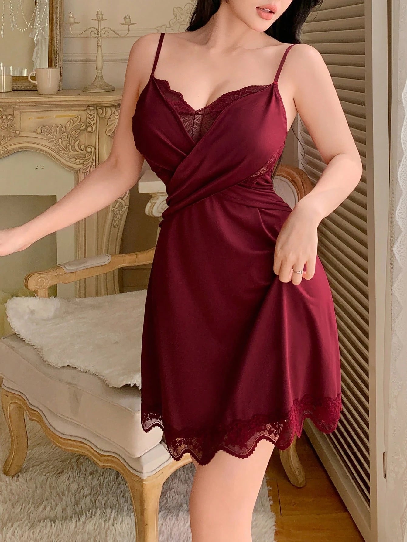  | SHEIN Women's Solid Color Lace Patchwork Spaghetti Strap Sexy Nightgown | Night Dress | Shein | OneHub