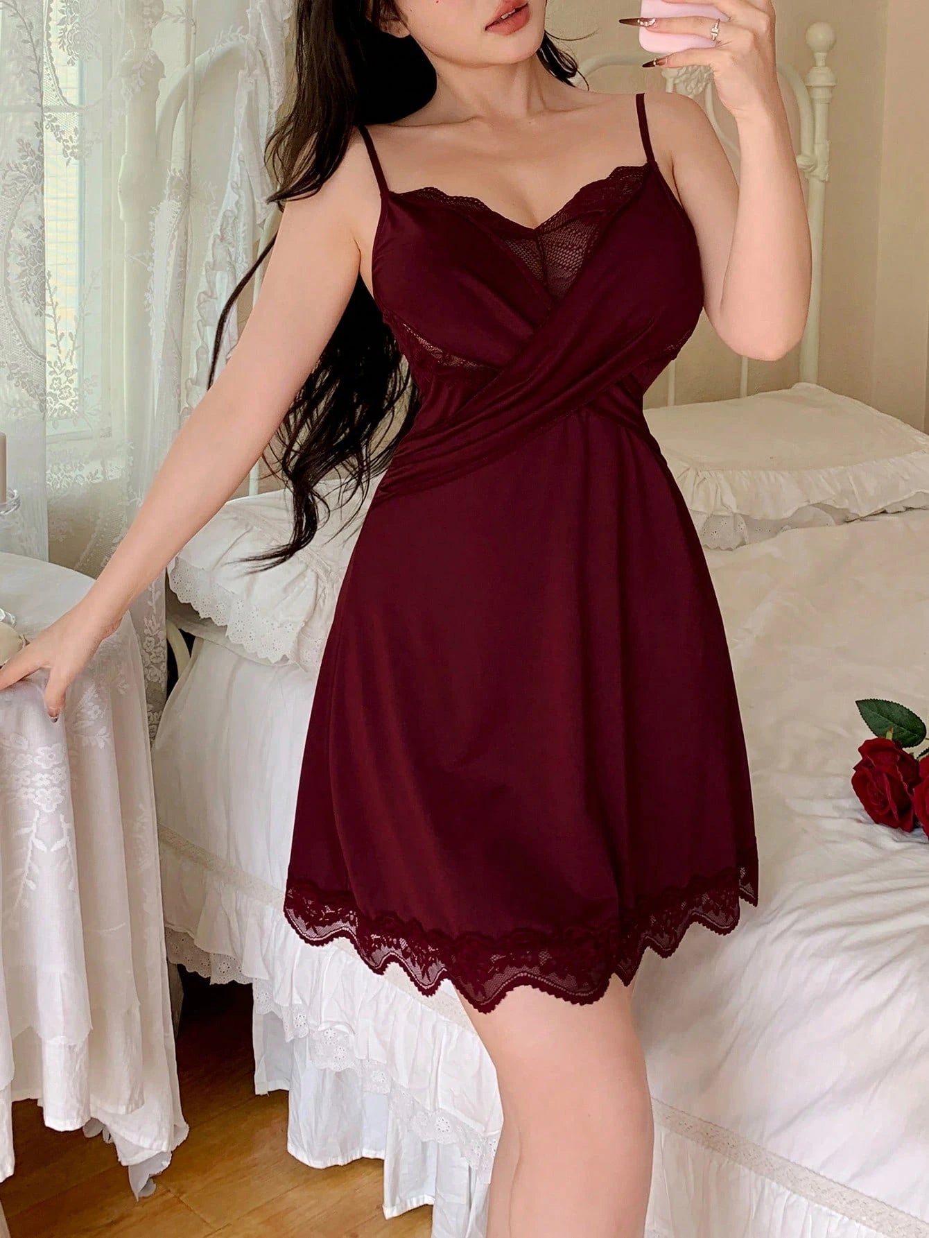  | SHEIN Women's Solid Color Lace Patchwork Spaghetti Strap Sexy Nightgown | Night Dress | Shein | OneHub