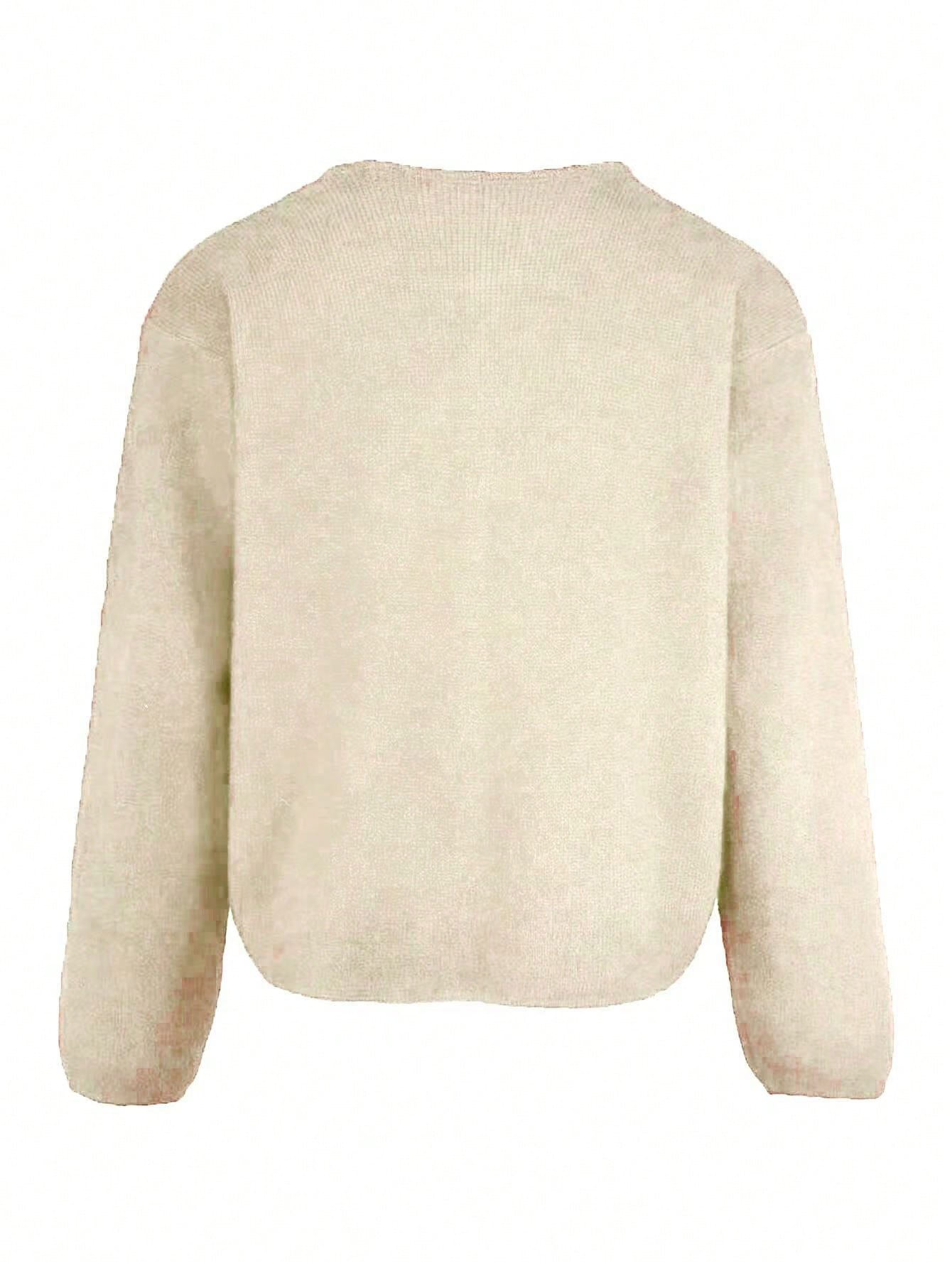 SHEIN Women's Solid Color Long Sleeve Bow Button Loose Knit Cardigan, Autumn/Winter