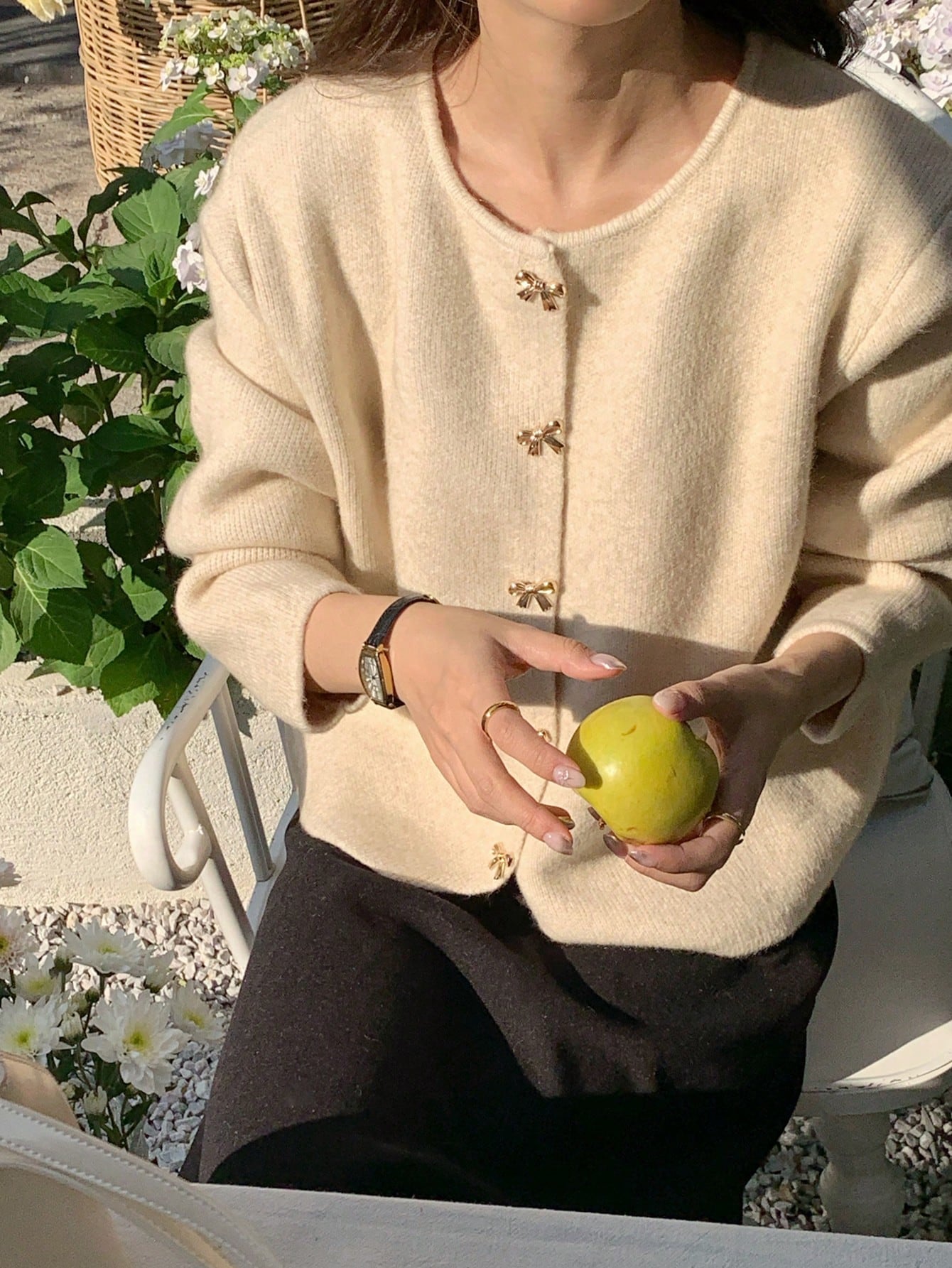 SHEIN Women's Solid Color Long Sleeve Bow Button Loose Knit Cardigan, Autumn/Winter