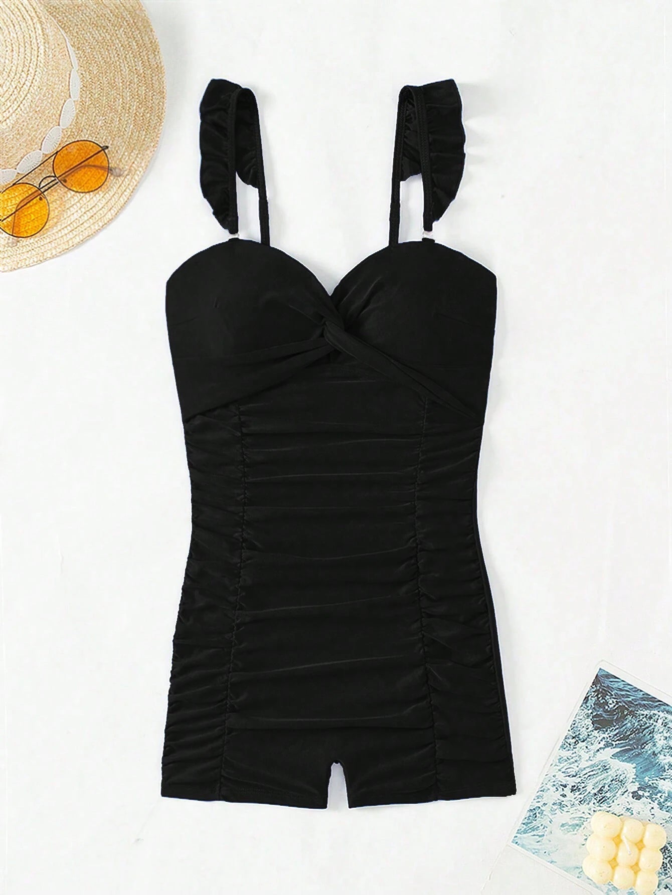  | SHEIN Women's Solid Color Twisted Twist Ruffle Edge One-Piece Swimsuit Summer | Lingerie | Shein | OneHub
