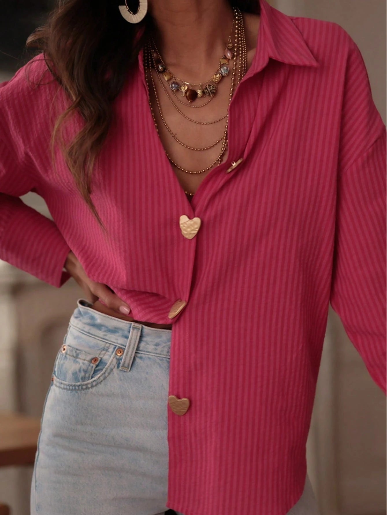 SHEIN Women's Striped Casual Loose Blouse, Stylish Metal Heart Buckle Design