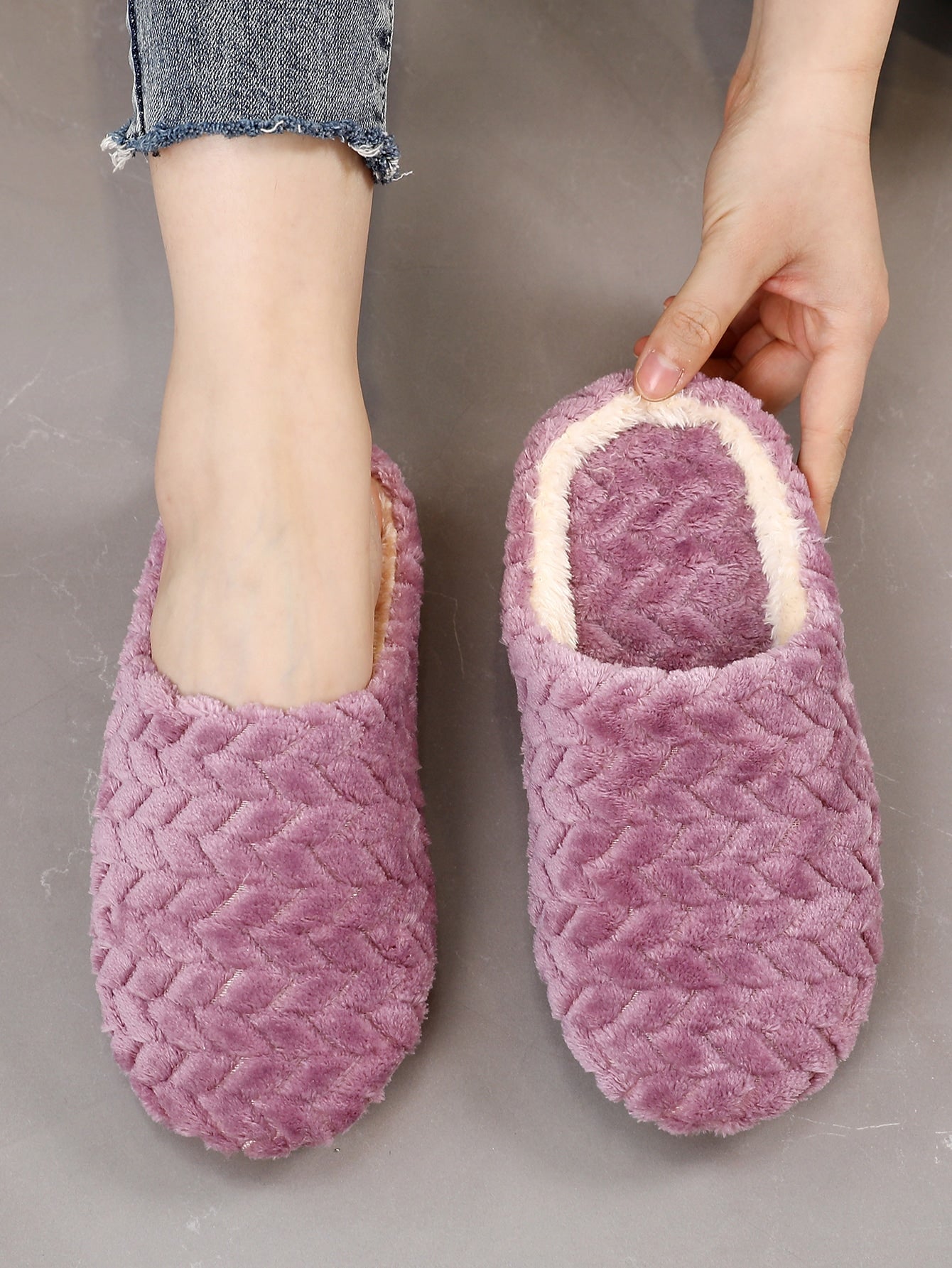  | SHEIN Women's Stylish Purple Cable Textured Fluffy Bedroom Slippers With Embroidery | Slippers | Shein | OneHub