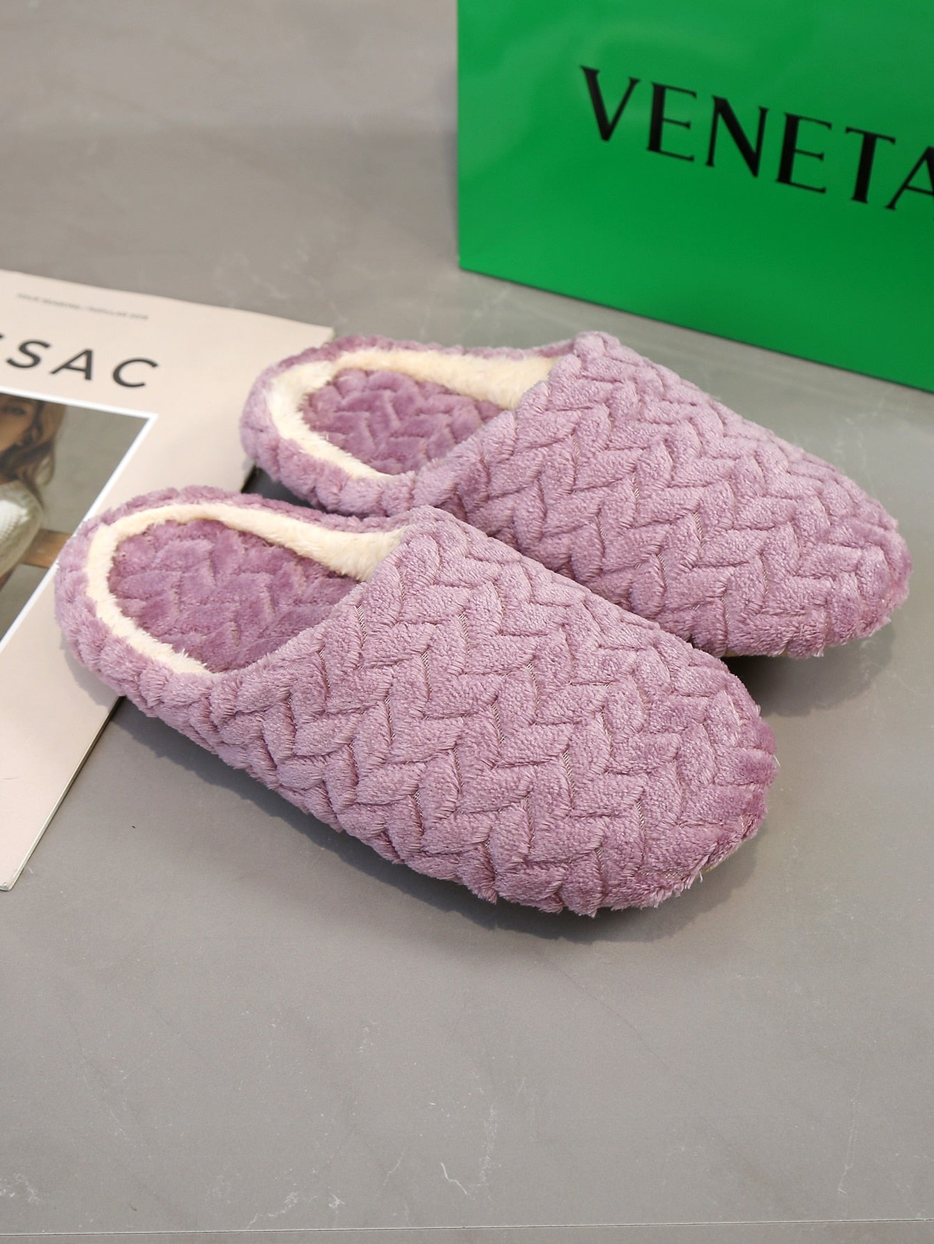  | SHEIN Women's Stylish Purple Cable Textured Fluffy Bedroom Slippers With Embroidery | Slippers | Shein | OneHub
