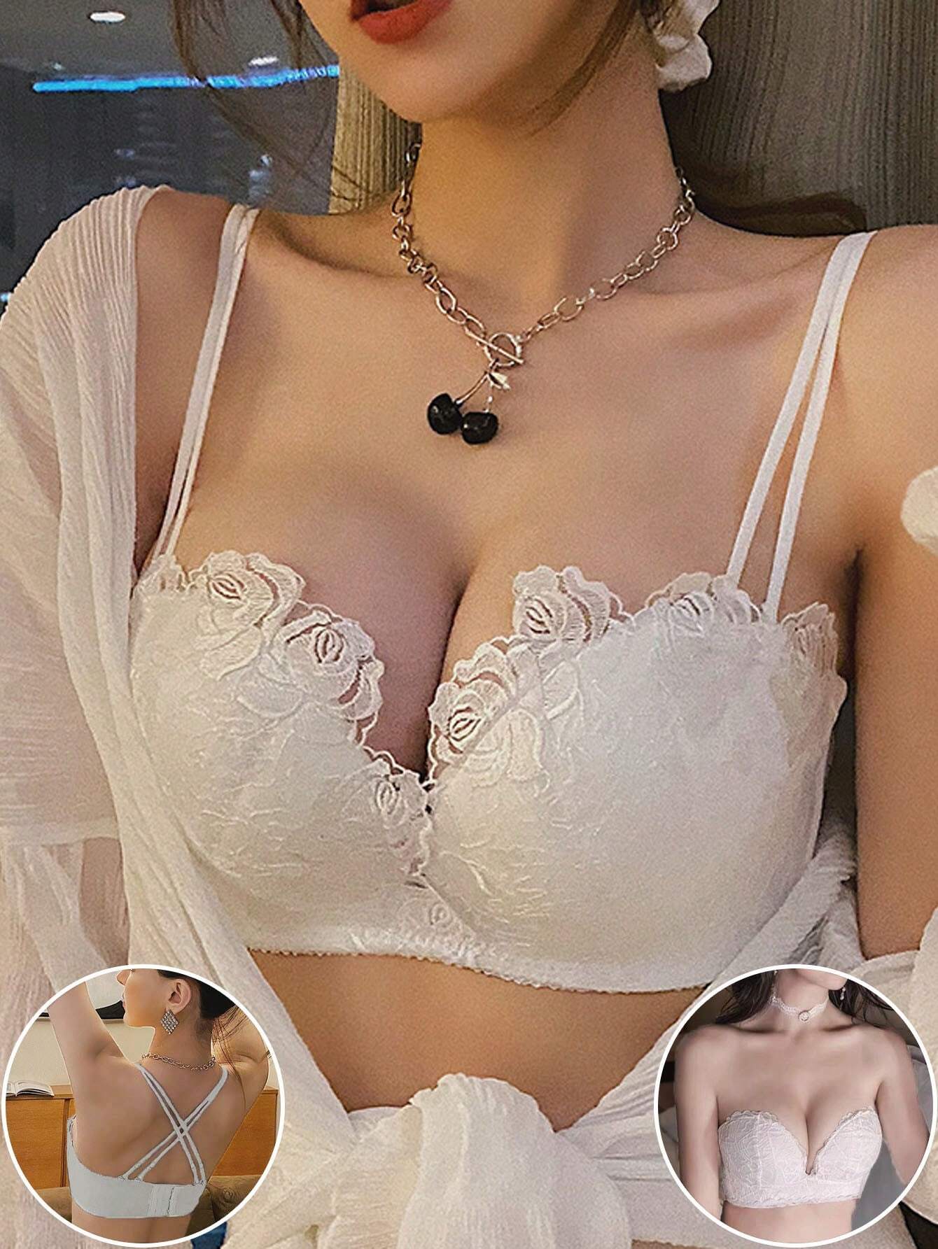 SHEIN Women's White Lace Bra, Padded Push-Up Plunge Backless Bra Lingerie For Sexy Wedding/Formal Dresses