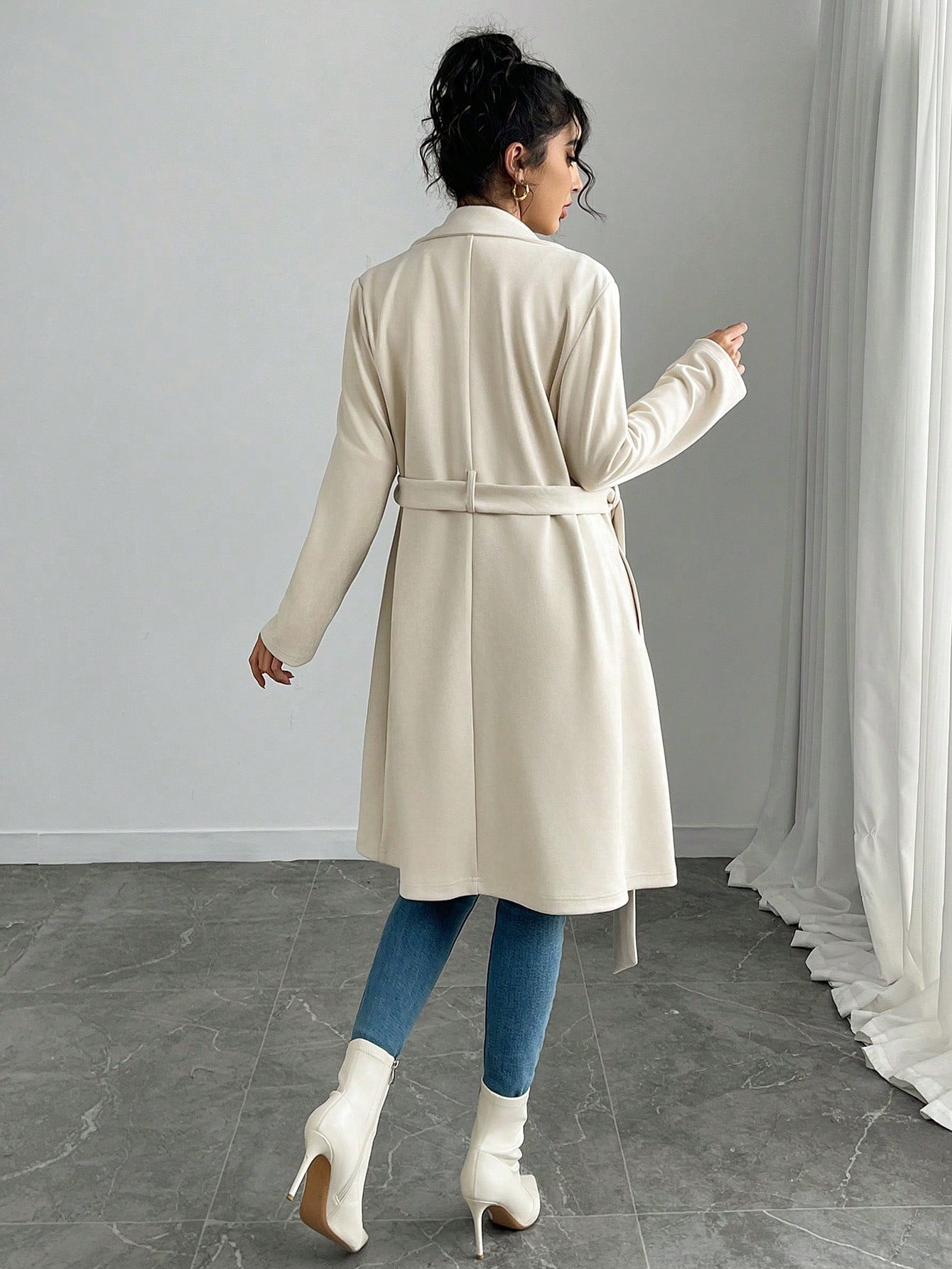 SHEIN Women's Wool Blend Solid Color Woven Fabric Coat With Pockets And Belt